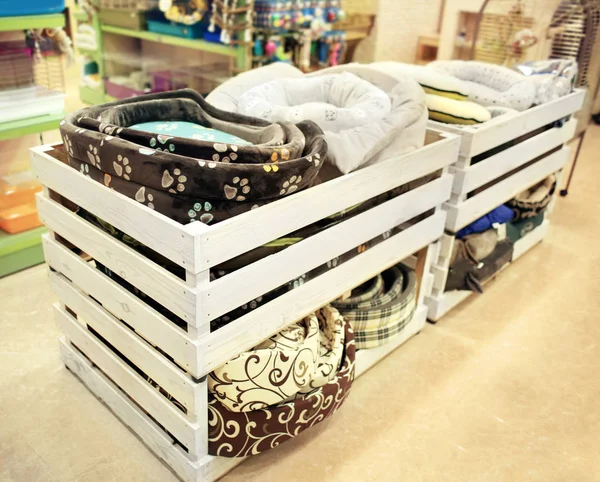 Scatole di legno con letti per animali in negozio di animali — Foto Stock