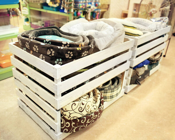Wooden boxes with animal beds in pet shop