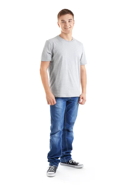 Beau jeune homme en t-shirt blanc gris sur fond blanc — Photo