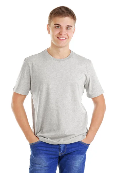 Чоловік у порожній сірій футболці — стокове фото