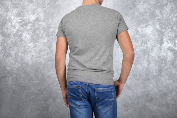 man in blank grey t-shirt