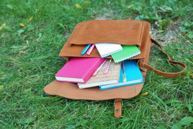 Kahverengi yeşil çimenlerin üzerinde okul aksesuarları ile çanta