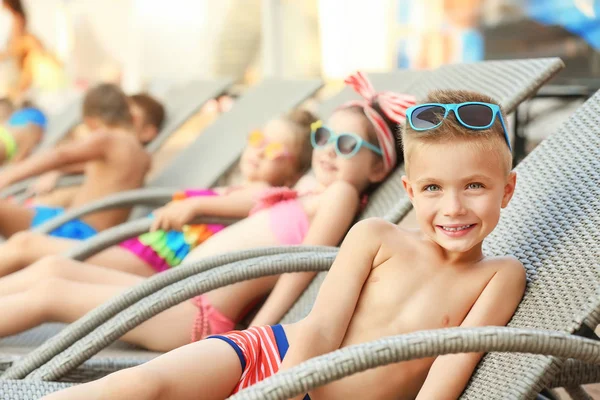 Little Kids Lying Deck Chairs Sunny Day — Stock Photo, Image