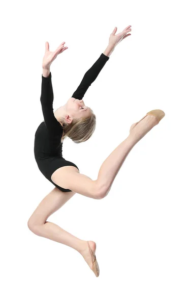 Młoda dziewczyna robi gimnastyka, na białym tle — Zdjęcie stockowe