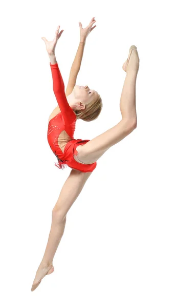 Молодая девушка занимается гимнастикой, изолированная на белом — стоковое фото