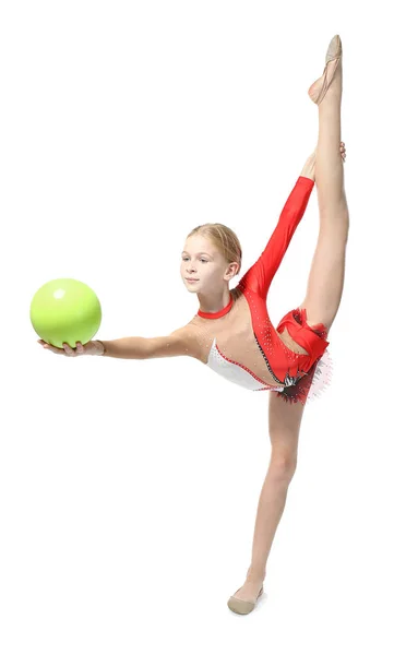 Chica joven haciendo gimnasia con pelota, aislado en blanco — Foto de Stock