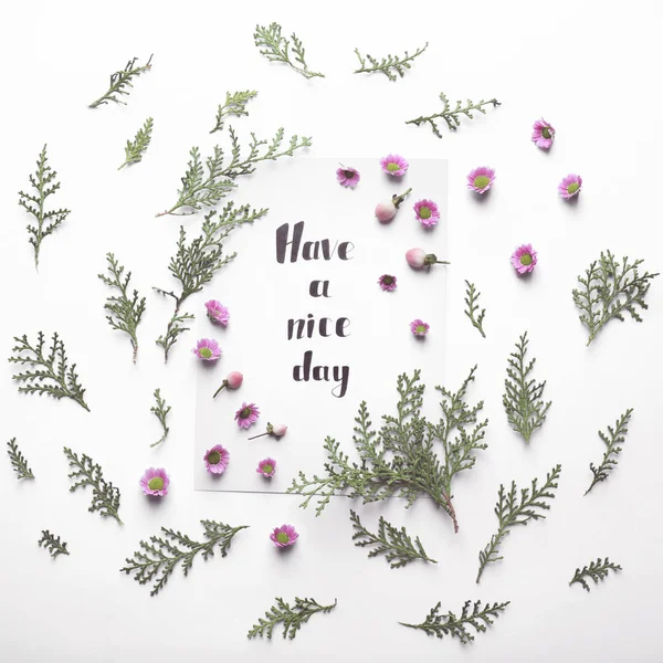 Inscriptie "Have A Nice Day" geschreven op papier met bloemen op witte achtergrond — Stockfoto