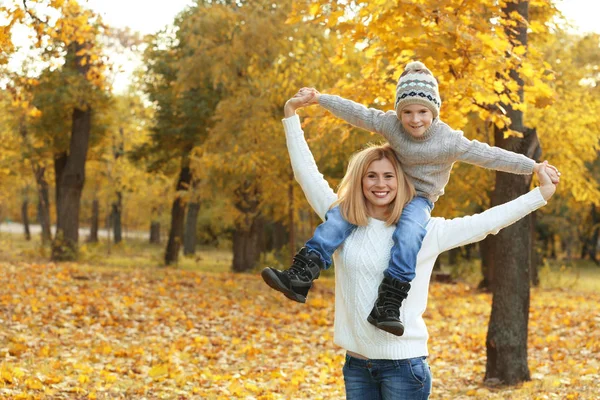 Matka i syn gra w piękny jesienny park — Zdjęcie stockowe