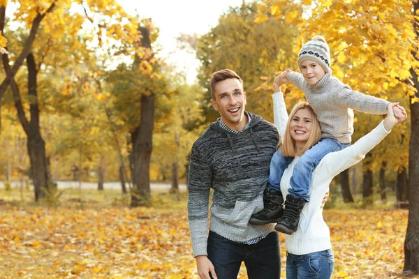 Família feliz jogando no belo parque de outono — Fotografia de Stock