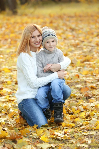 Mãe e filho no belo parque de outono — Fotografia de Stock