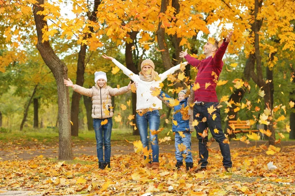 Lycklig familj spelar med bladen i vacker höst park — Stockfoto