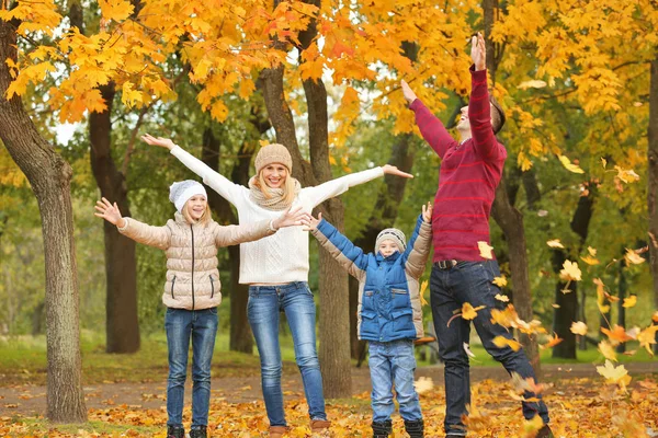 Lycklig familj spelar med bladen i vacker höst park — Stockfoto