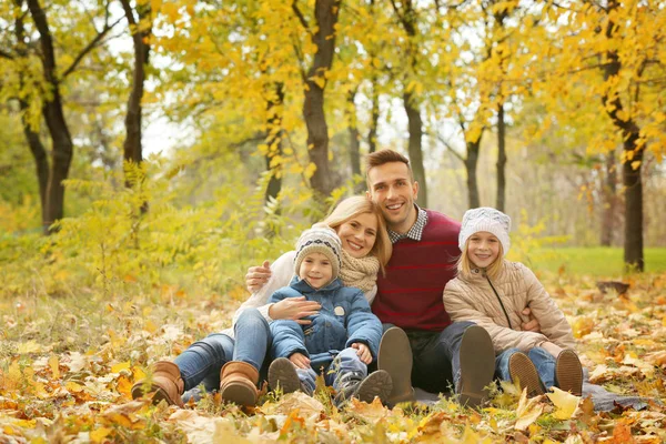 Счастливая семья отдыхает в красивом осеннем парке — стоковое фото