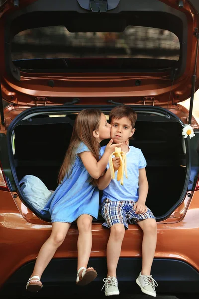 Dois Meninos Bonitos Porta Malas Carro — Fotografia de Stock