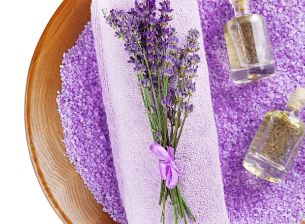 Composición del spa con aceites esenciales de lavanda —  Fotos de Stock