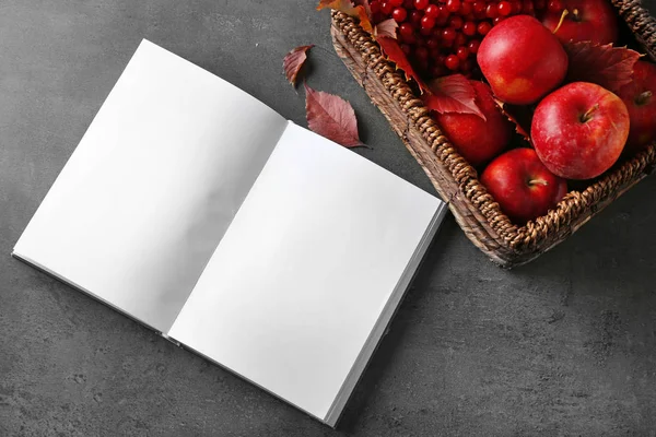 Otevřel knihu a košík s podzimní jablka na šedý stůl — Stock fotografie