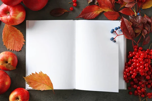 Gyönyörű őszi összetétele a megnyitott könyvet closeup — Stock Fotó