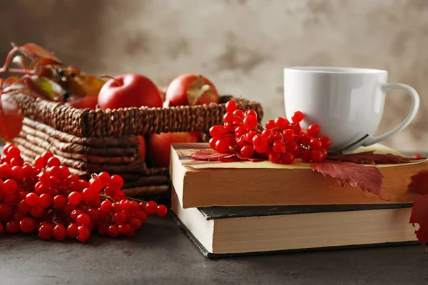 Composição de outono com pilha de livros e xícara de chá na mesa cinza — Fotografia de Stock