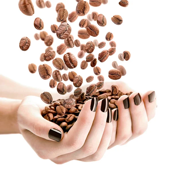 Rostade kaffe bönor falla i kvinnliga händer på vit bakgrund — Stockfoto