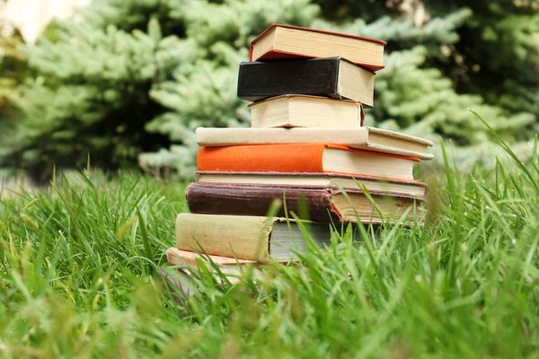 Pile of books on green grass — Stock Photo, Image