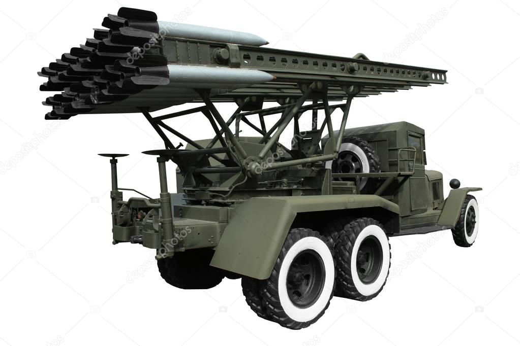 Multiple launch rocket system on white background