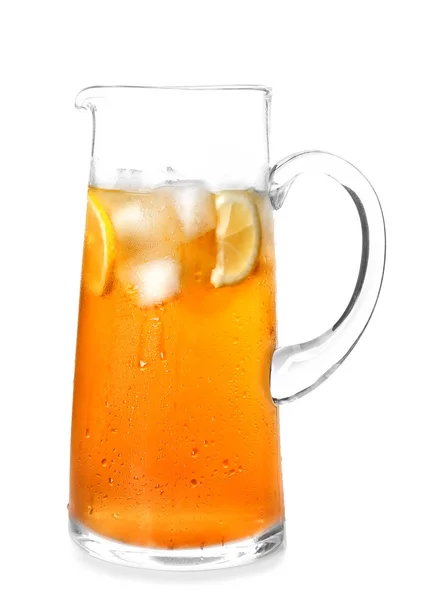 Glass jug of iced tea with lemon slices on white background — Stock Photo, Image