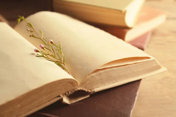 Old open book on wooden table, closeup — Stock Photo, Image