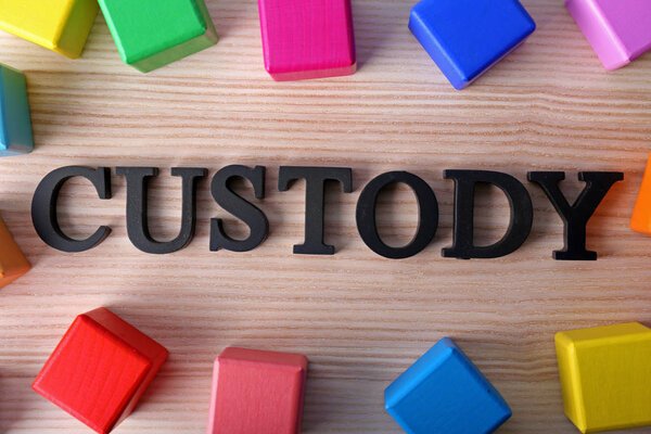 Word CUSTODY and cubes on wooden background, top view