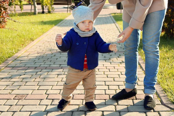 Schattige kleine baby met moeder in groen park — Stockfoto