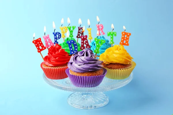 Tasty colorful cupcakes with inscription — Stock Photo, Image