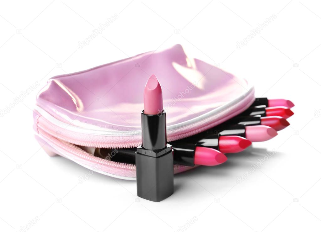 Many lipsticks in cosmetic bag