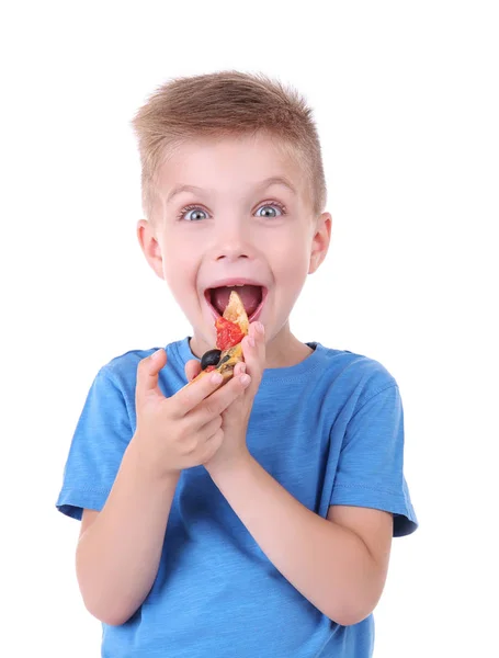 Schattige jongen eten van pizza — Stockfoto