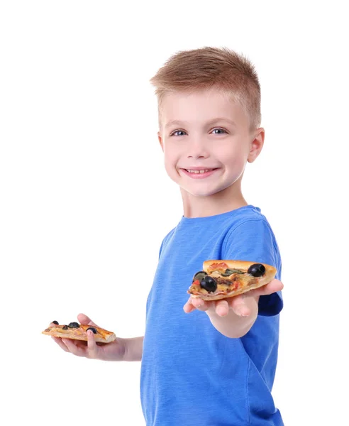 Chlapec s pizza plátky — Stock fotografie