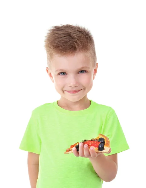 Schattige Jongen Met Pizza Slice Geïsoleerd Wit — Stockfoto