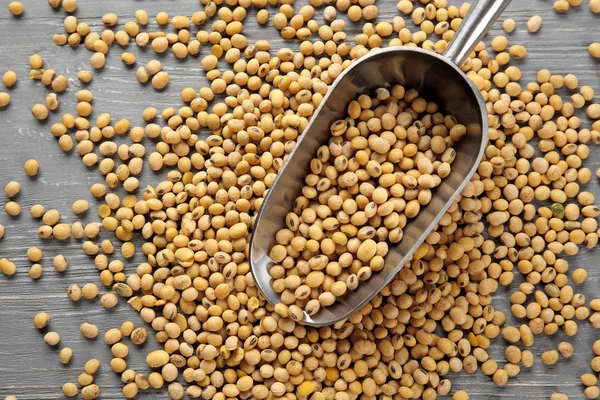 Soybeans with metal scoop — Stock Photo, Image