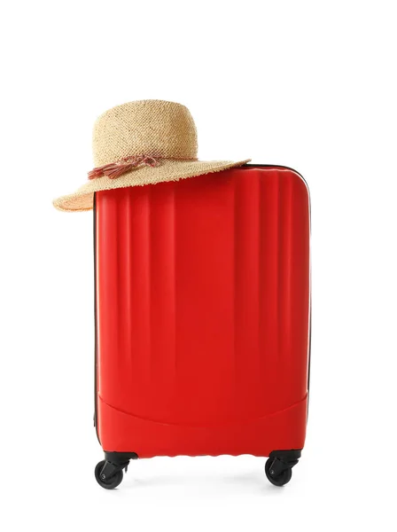 Modern red suitcase and hat — Stock Photo, Image