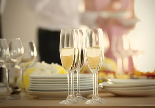 Glasses of champagne on table served for buffet catering party — Stock Photo, Image