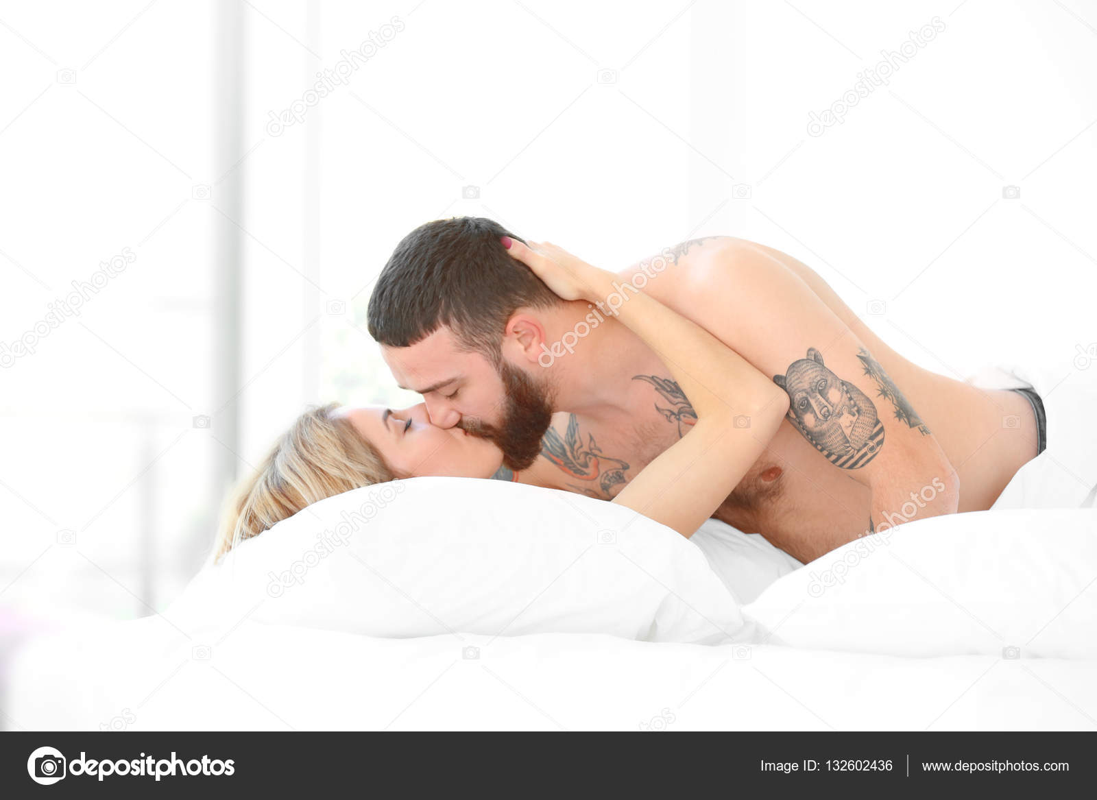 Young Romantic Couple Hugging Kissing Bed Stock Photo