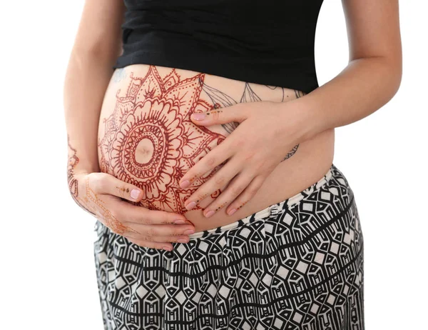 Tatuaje de henna en el vientre embarazada — Foto de Stock