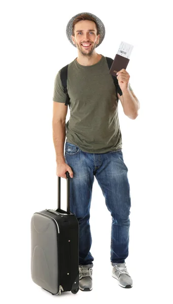 Jeune homme avec passeport et valise — Photo