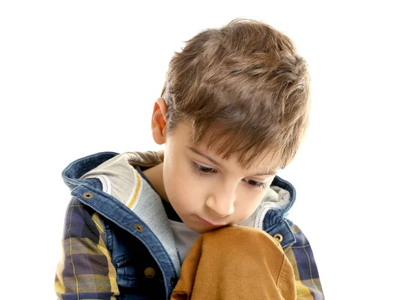 Portrait Little Thoughtful Boy Isolated White — Stock Photo, Image