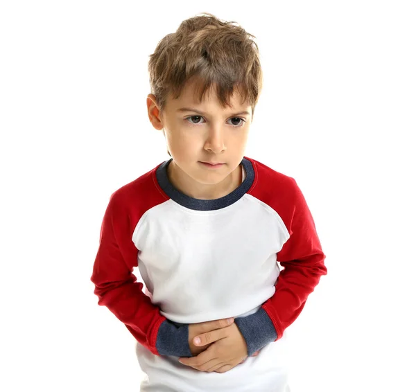 Mały Chłopiec Cierpi Ból Brzucha Białym Tle — Zdjęcie stockowe