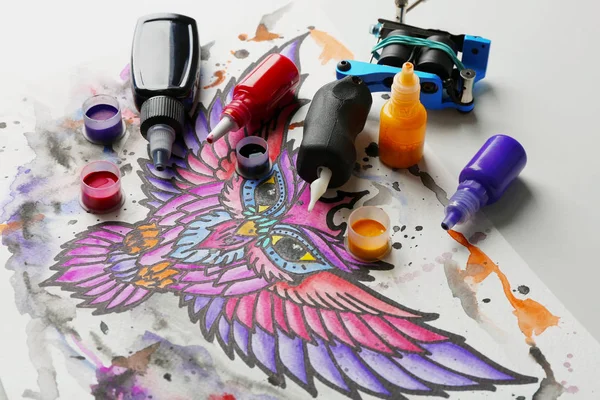 Tattoo Machine Sketch Supplies Table — Stock Photo, Image