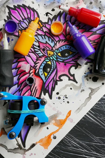 Machine Tatouer Avec Croquis Fournitures Sur Table — Photo