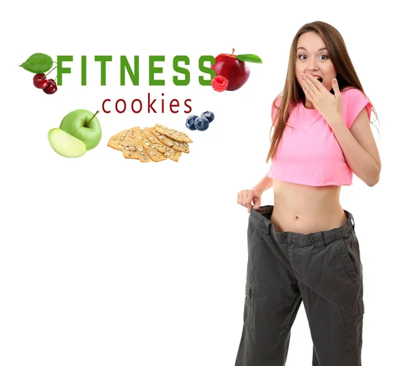 Jonge Vrouw Gewichtsverlies Tekst Fitness Cookies Witte Achtergrond Dieet Fitness — Stockfoto