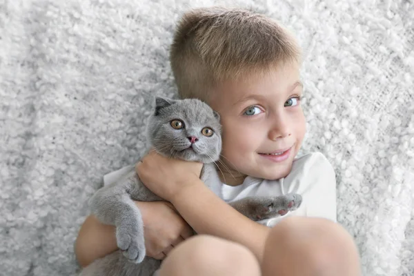 Menino com britânico gatinho — Fotografia de Stock