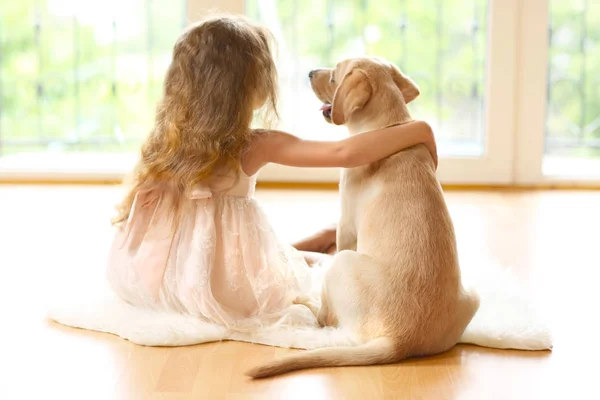 Little girl with golden Labrador dog