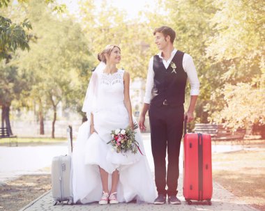 Damat ve gelin Park'ta yürüyordunuz bavul ile