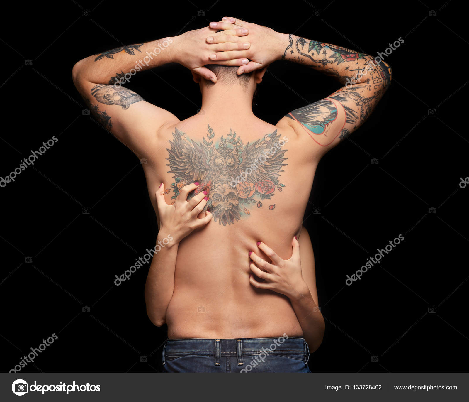 Tattooed Man Woman Hands Back Black Background Stock Photo by ©belchonock  133728402