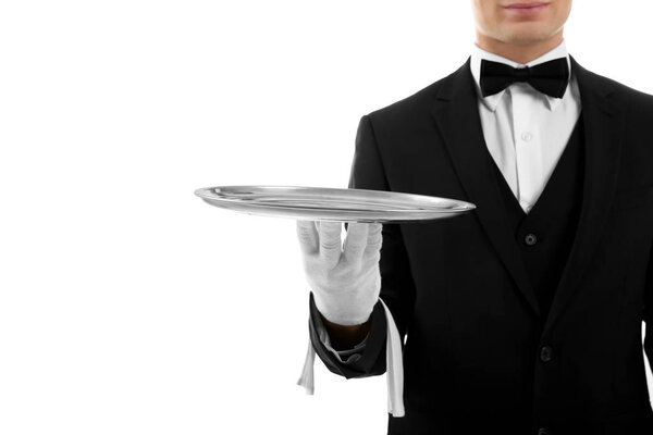 Male waiter holding tray